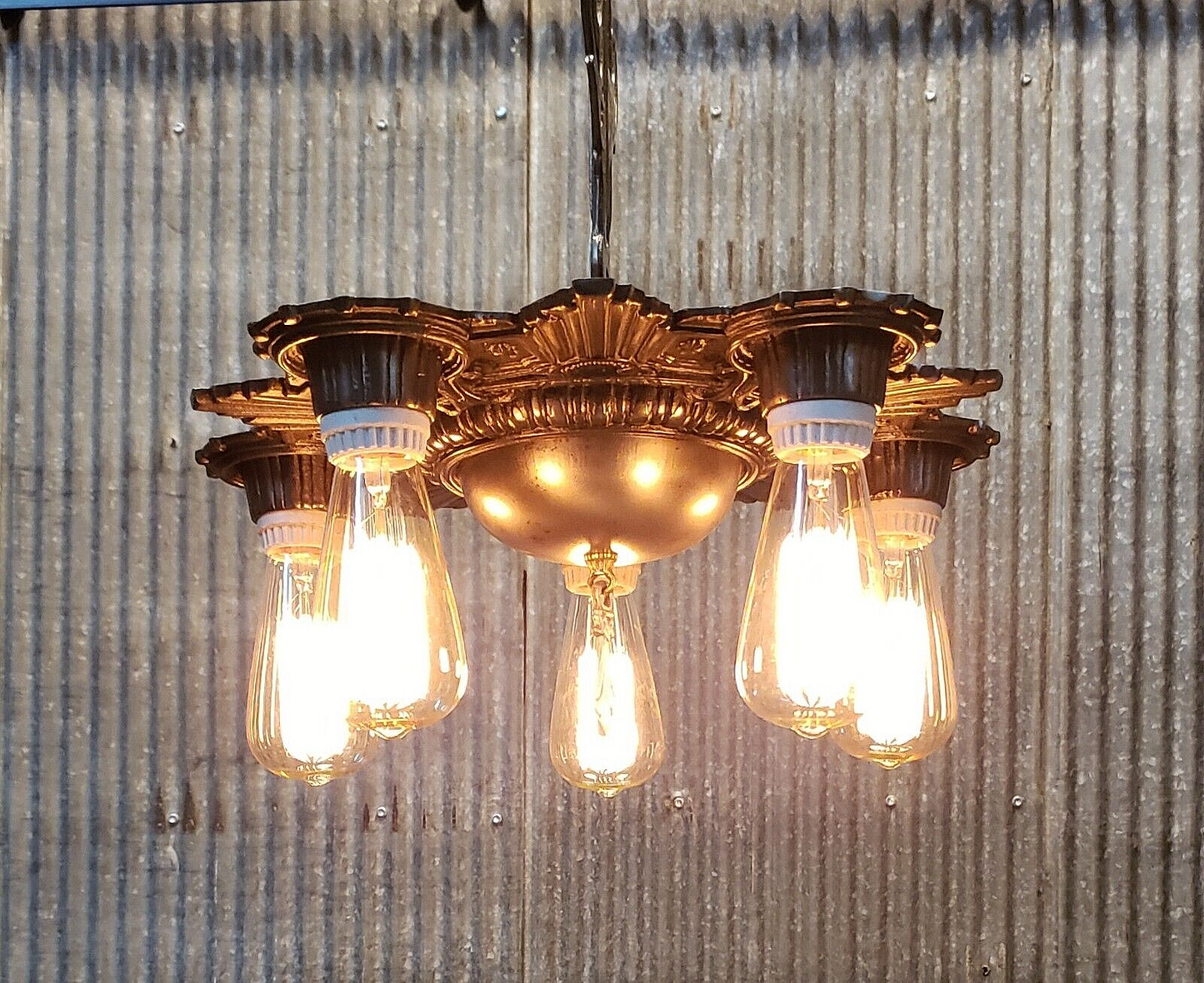 Completely Restored Art Deco 5 Light Cast Iron Black & Silver Chandelier #GA510