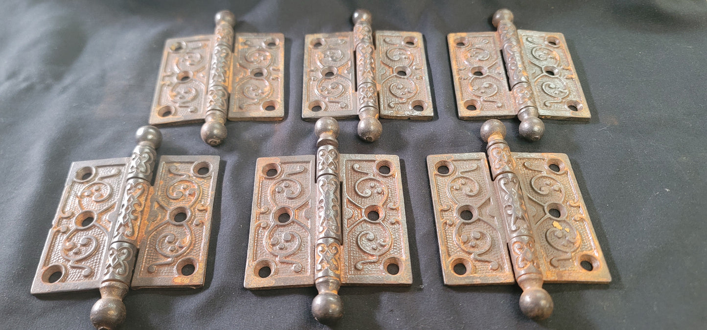 Set of 6 Victorian Cast Iron Ball Pin 3" x 3" Door Hinges GS01040