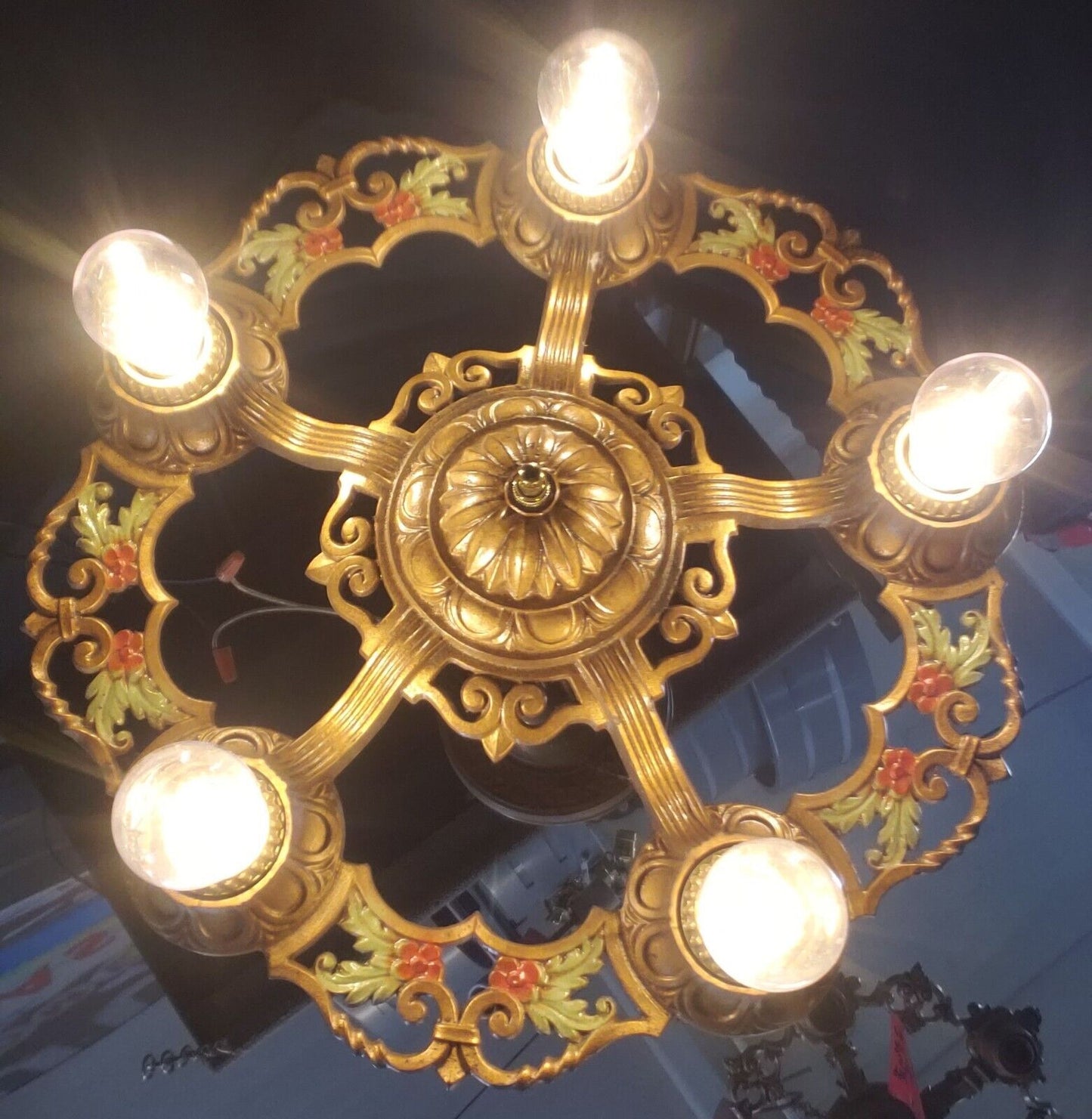 Restored Ornate Art Nouveau Cast Iron 5 Light Chandelier 16" GS00001