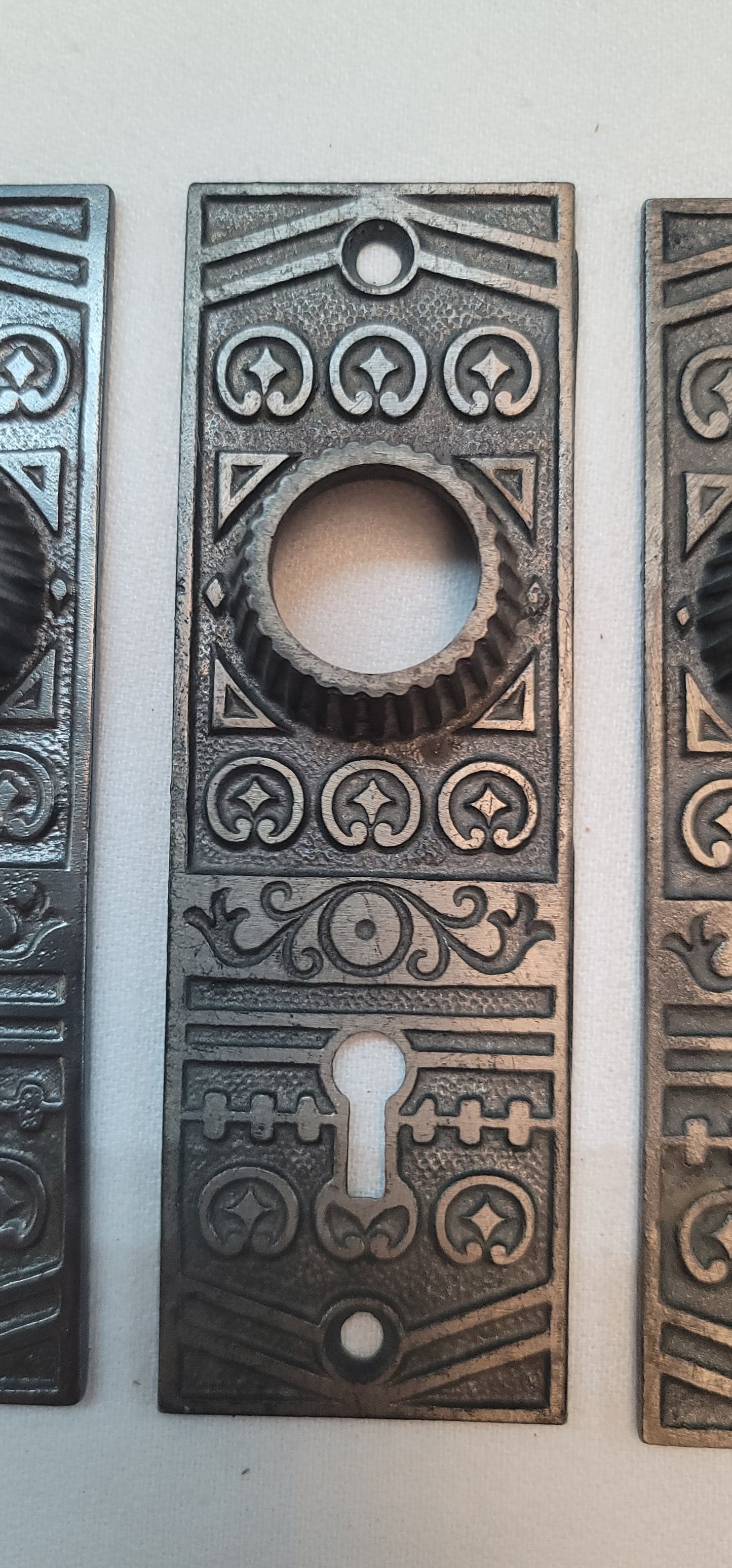 Restored Set of 4 Cast Iron Art Deco Backplates 5 1/4" x 1 3/4" GS00590