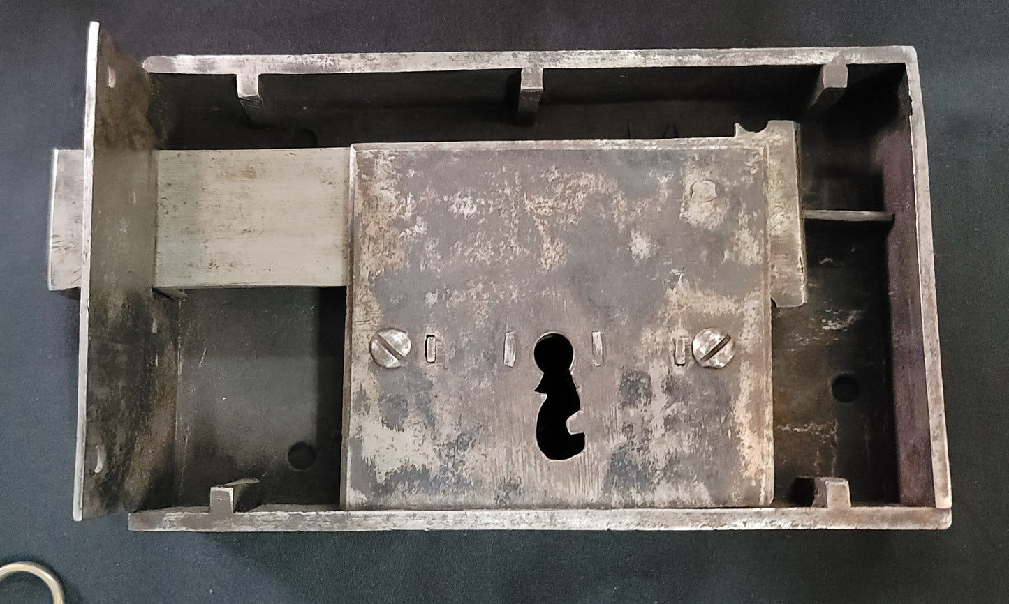 Restored Right Side Rim Lock Set w/ Keeper & Key 7 1/8" wide x 4 3/8" GS00989