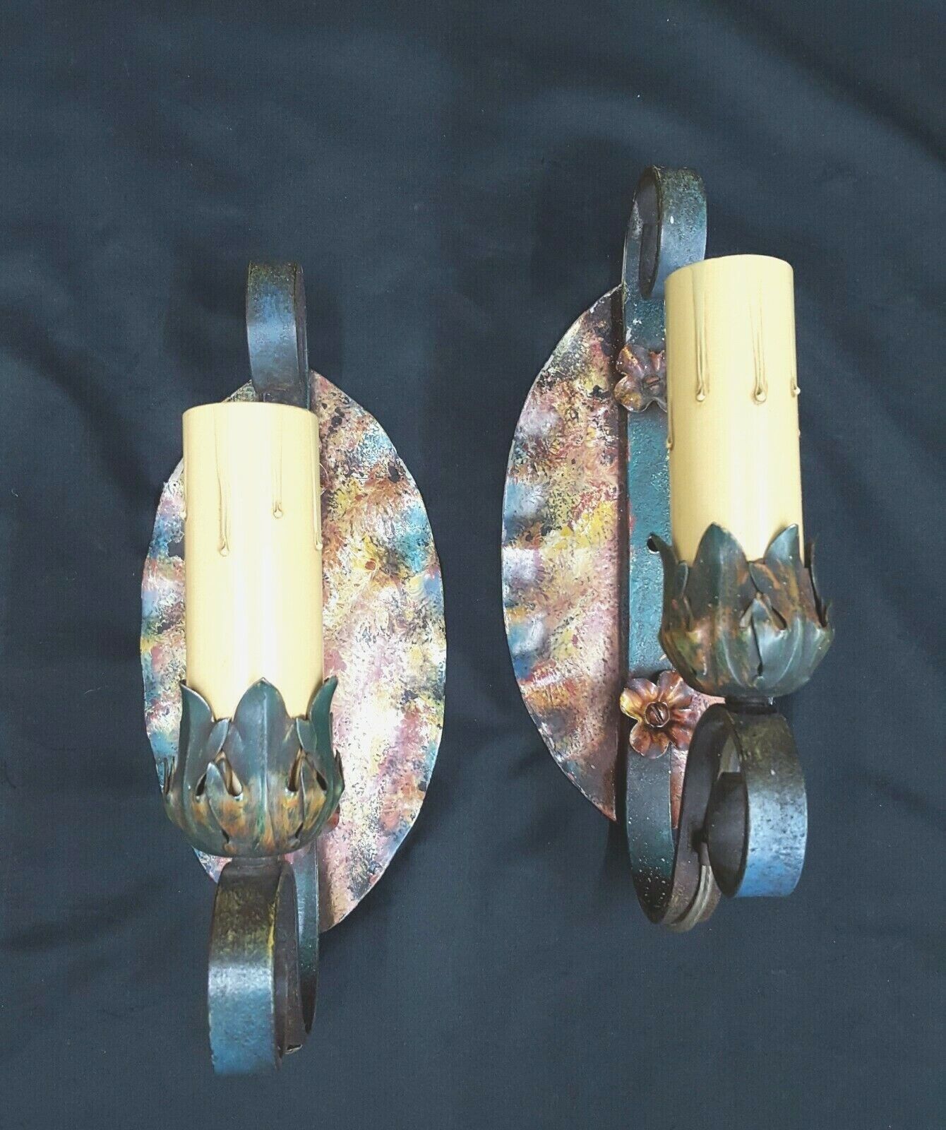 Pair of Architectural Salvage Art Deco Wrought Iron Multicolored Wall Sconces