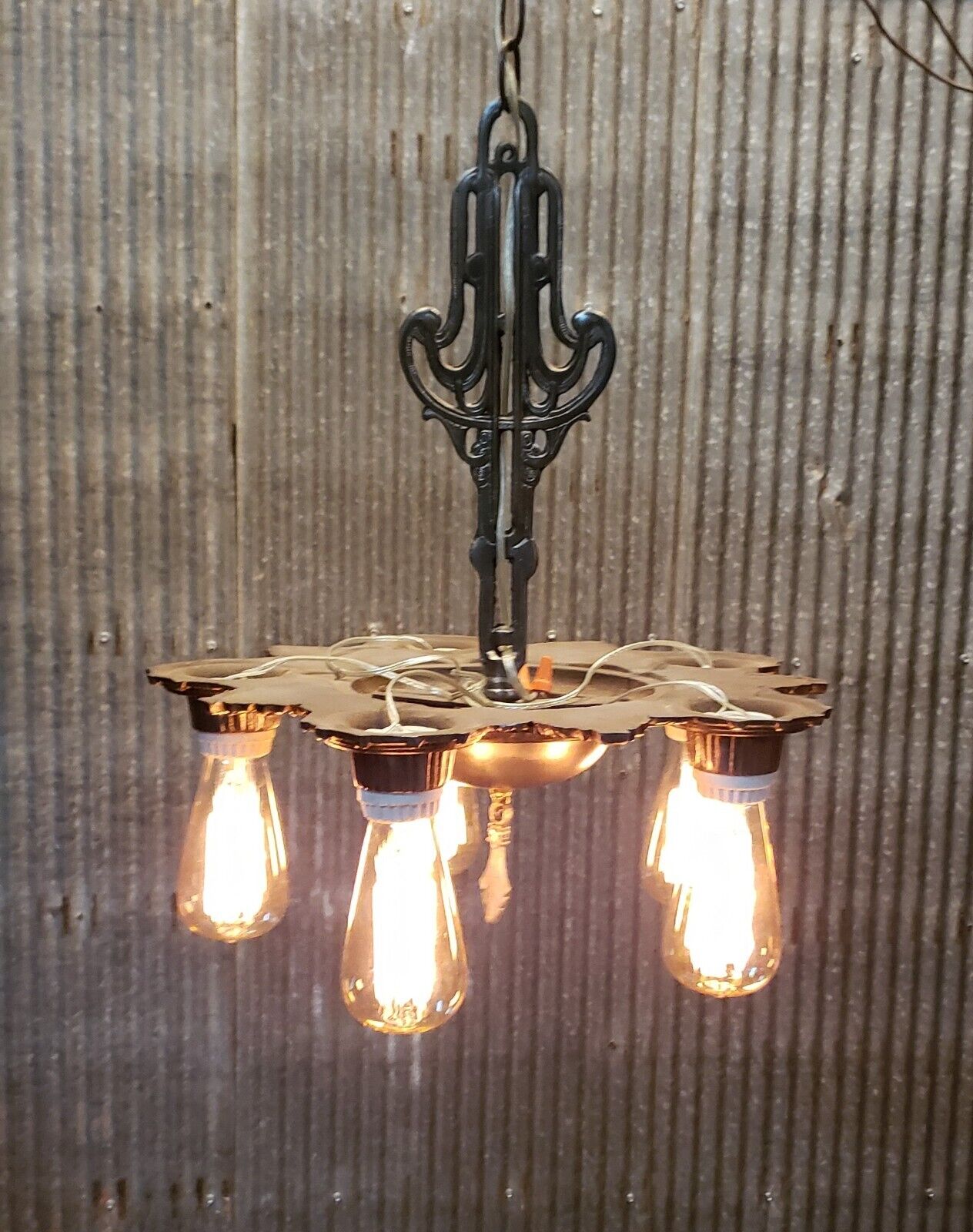 Completely Restored Art Deco 5 Light Cast Iron Black & Silver Chandelier #GA510