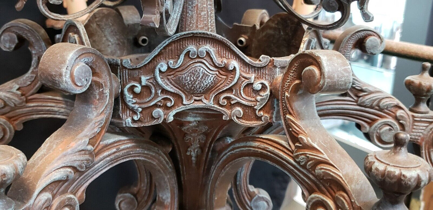 Ornate Gothic Cast Iron Two Tier 12 Light Chandelier & Matching Ceiling Cap