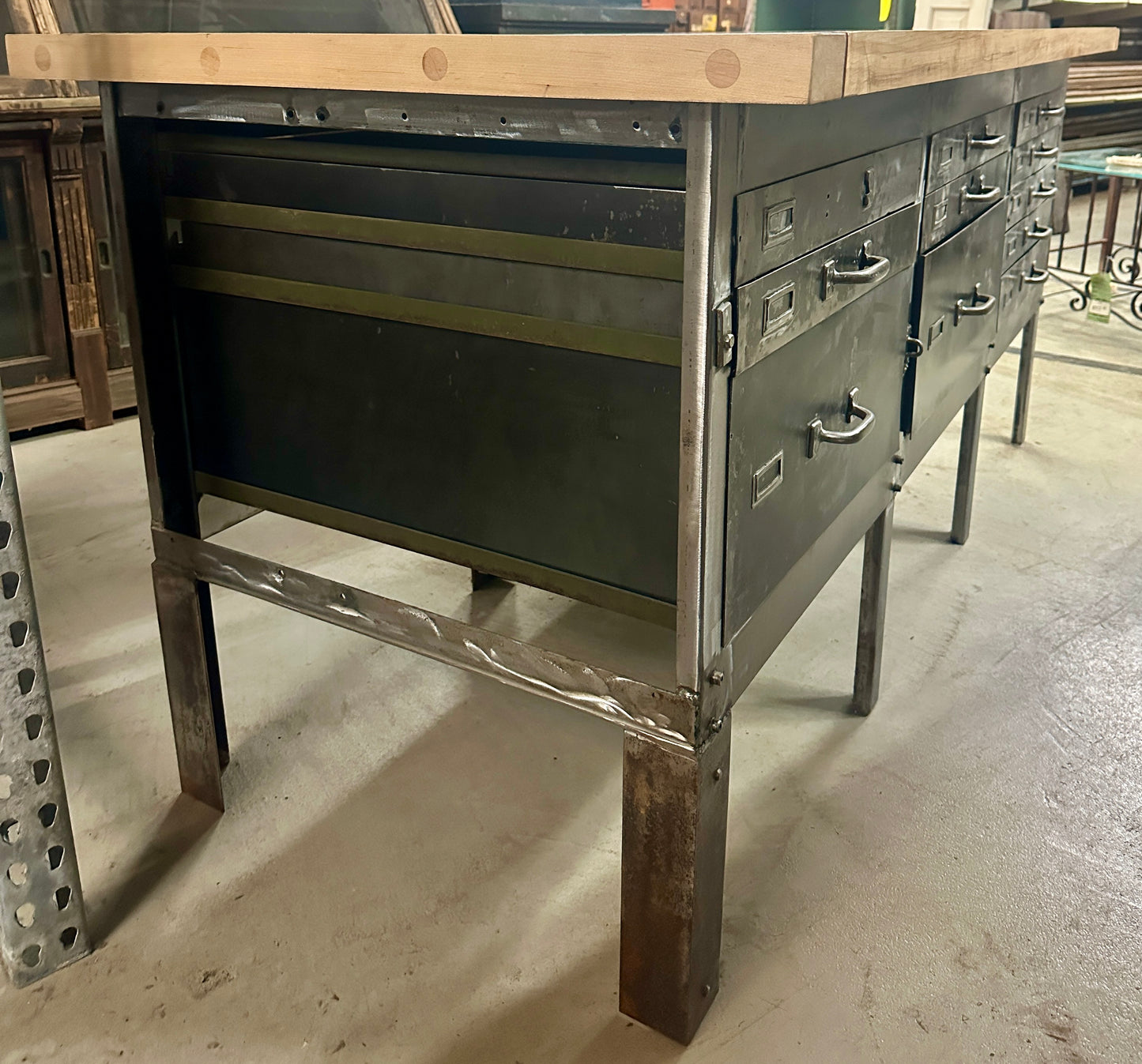 Industrial Salvaged Butcher Block & Steel Work Table GA20813