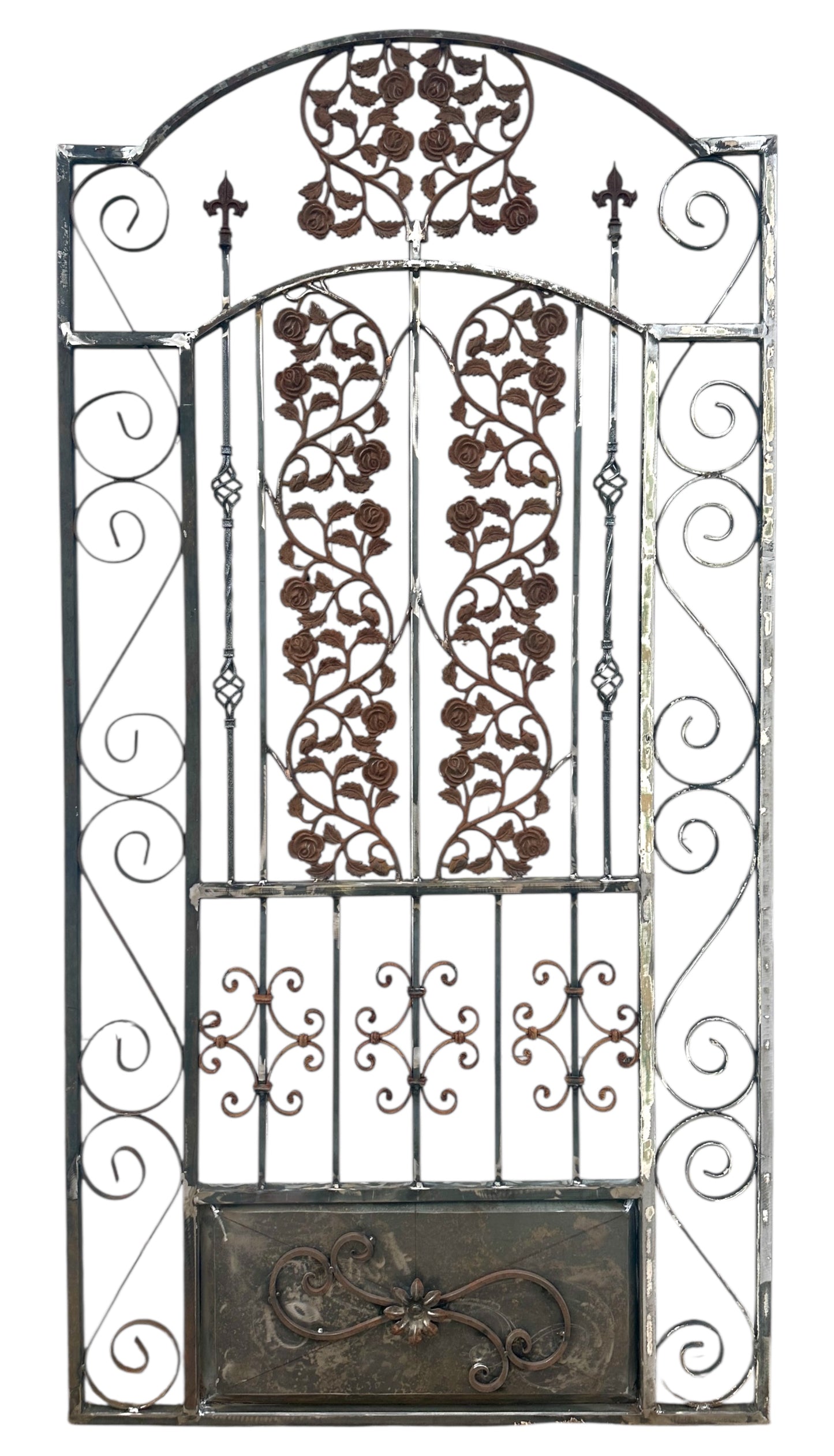 7.5 Ft Tall Custom Built Arched Top Steel Gate w/ Antique Cast Iron GA20600