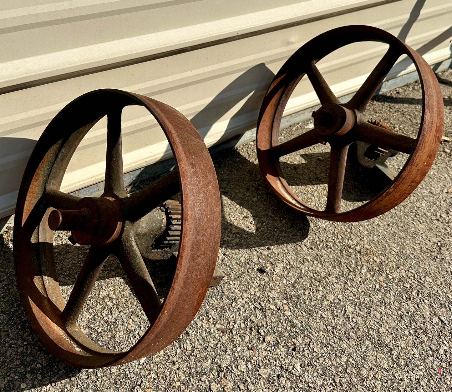 Antique Industrial Cast Iron Pulley Wheel Pair GA20912