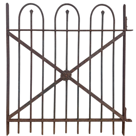 Antique Wrought Iron Hairpin Gate w/ Floral Medallion - 35" W x 39" T - GA20981