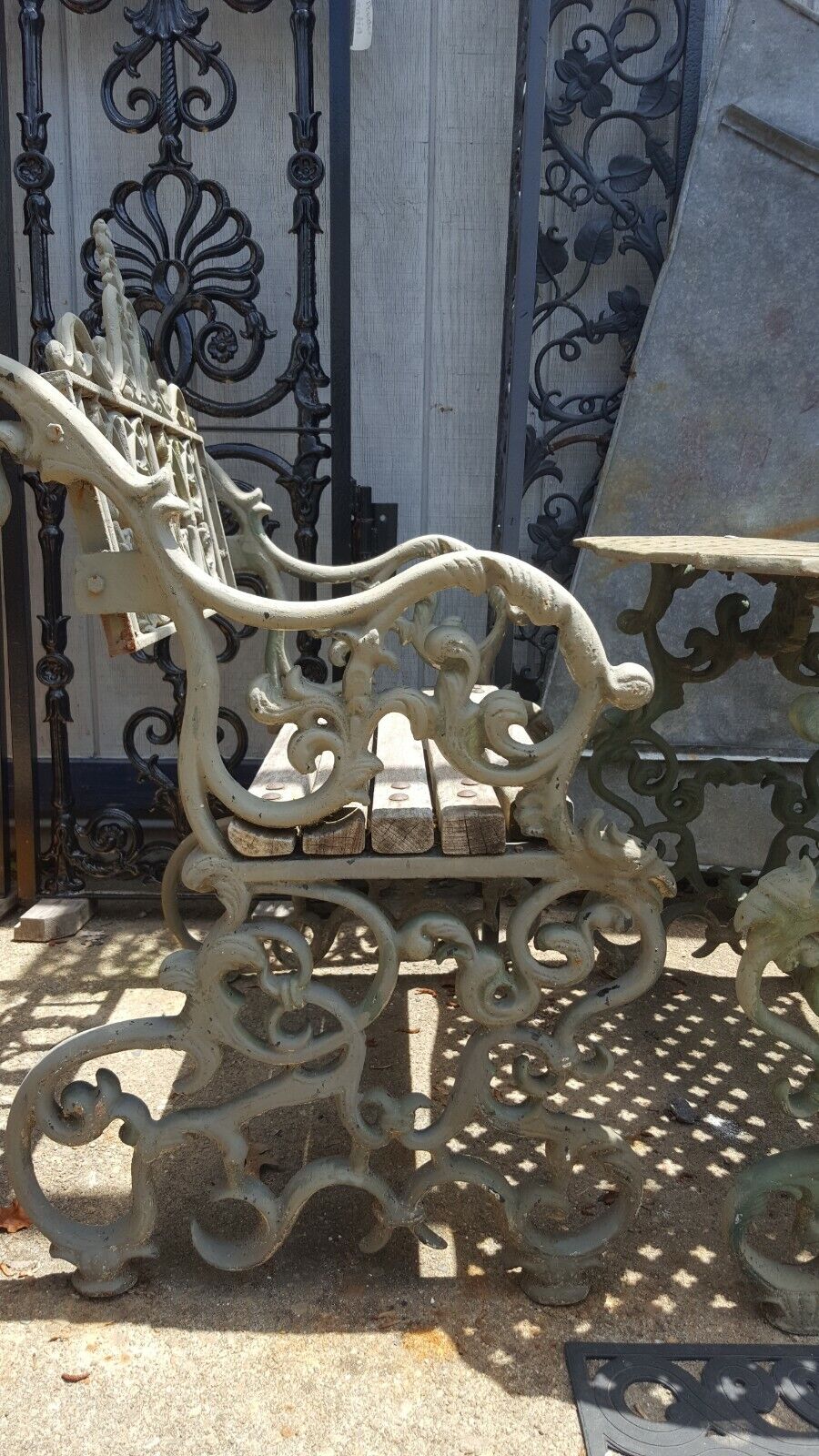 1800's Ornate Victorian Cast Iron Exterior Table with Benches