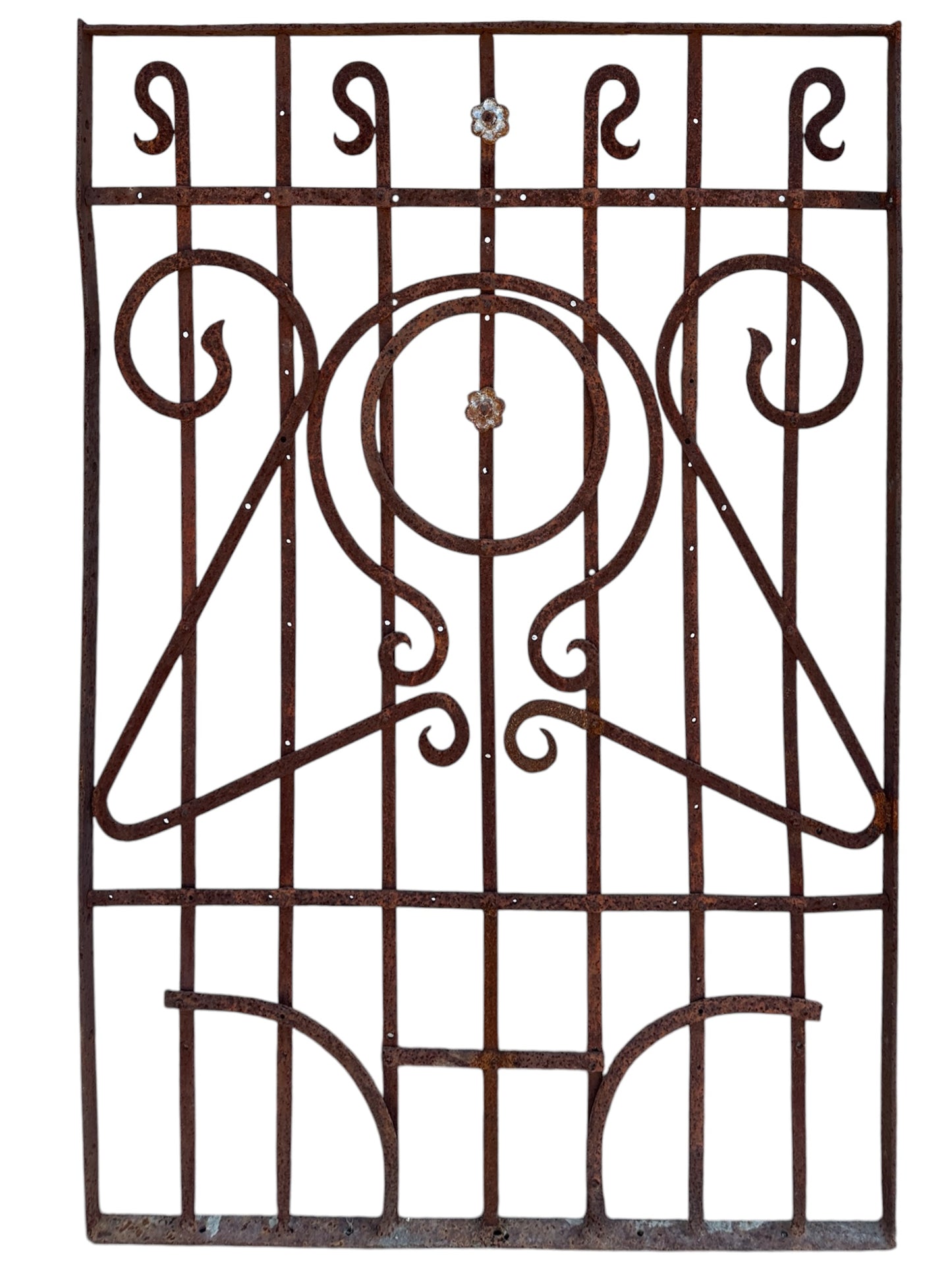 Geometric Wrought Iron Fence Panel with Flower Accents 55" T x 39" W GS00048