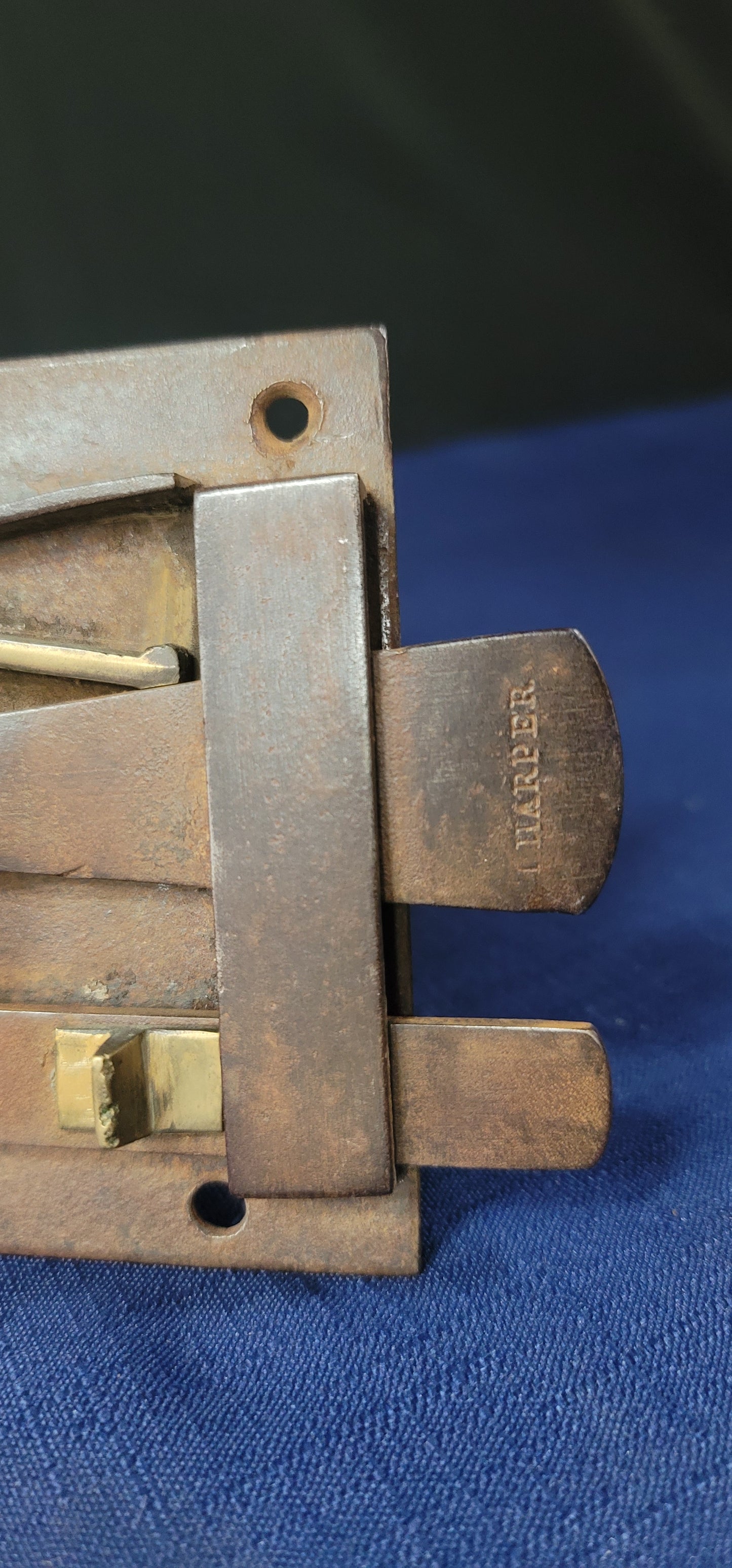 Vintage Harper Left Side Iron & Brass Lever Rim Lock & Knobs 4" x 3 3/4" GS00742