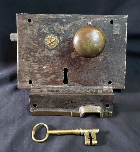 1800's Left Side Carpenter Rim Lock Set with Keeper & Key 7" x 4 3/4" GA231