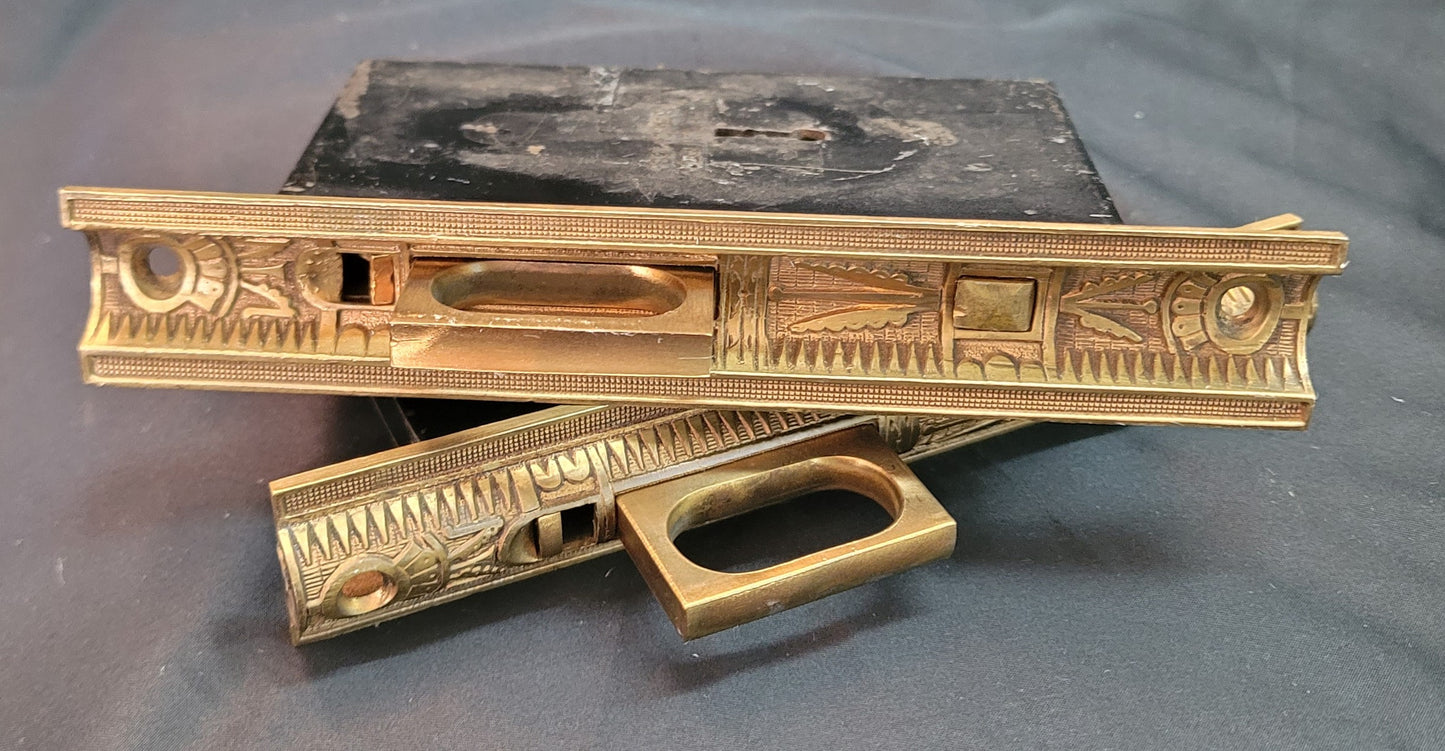 Restored Victorian Eastlake Pocket Door Lock Set 5 3/8" x 3 7/8" GS01046