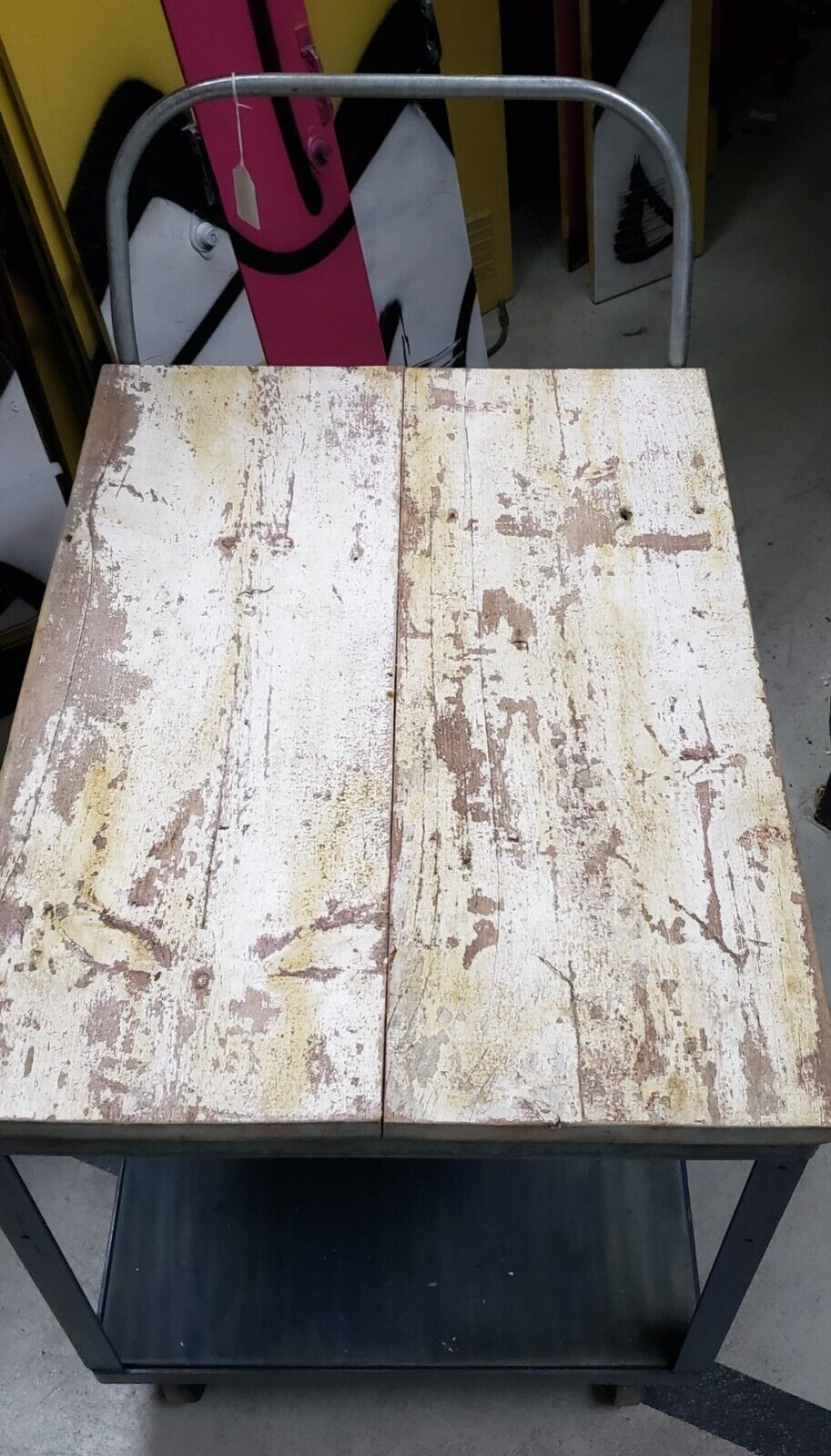 Reclaimed Two Level Steel Factory Cart with Barn Wood Top