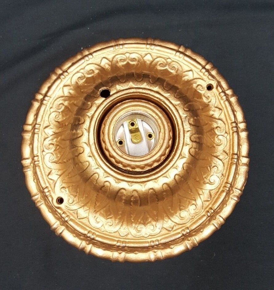 NOS Art Deco Gold Painted Cast Iron Flush Mount Ceiling Fixture