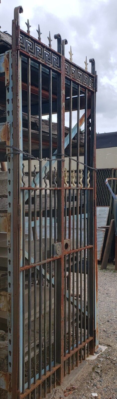 Pair of Tall Wrought Iron Gates with Center Torch Finials & Greek Key Top GA9501