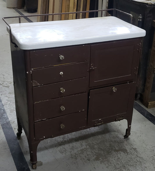 Antique Medical Chest on Wheels with Cast Iron Porcelain Coated Top #GA9071