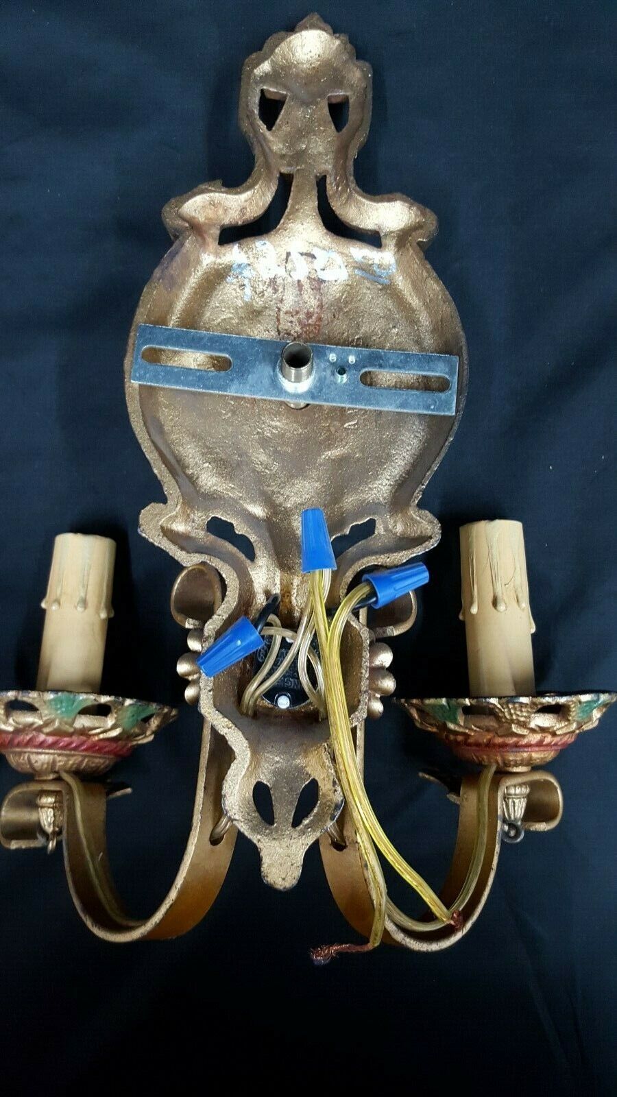 Pair of Ornate Multi Colored Art Deco Cast Iron & Wrought Iron Wall Sconces