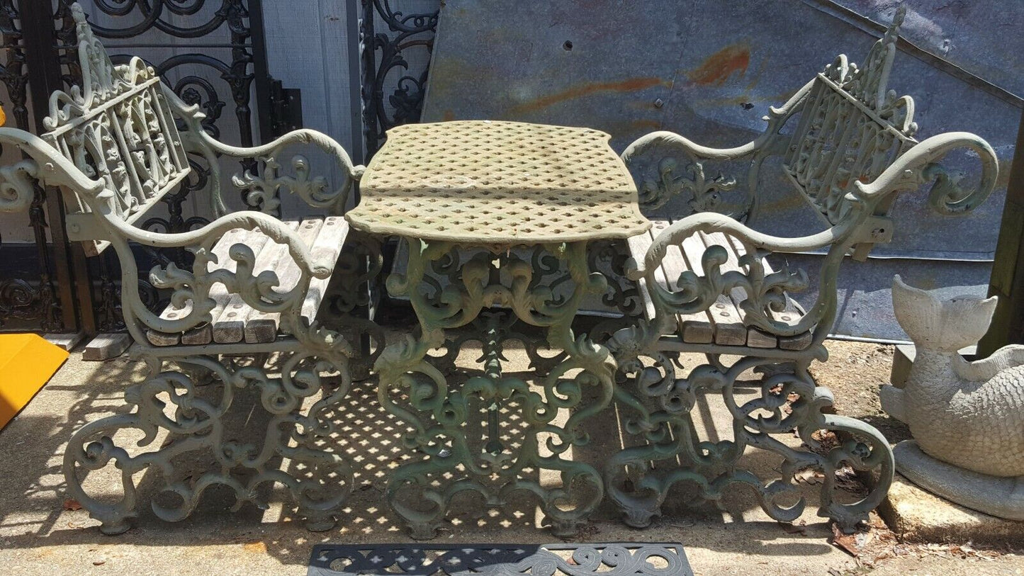 1800's Ornate Victorian Cast Iron Exterior Table with Benches