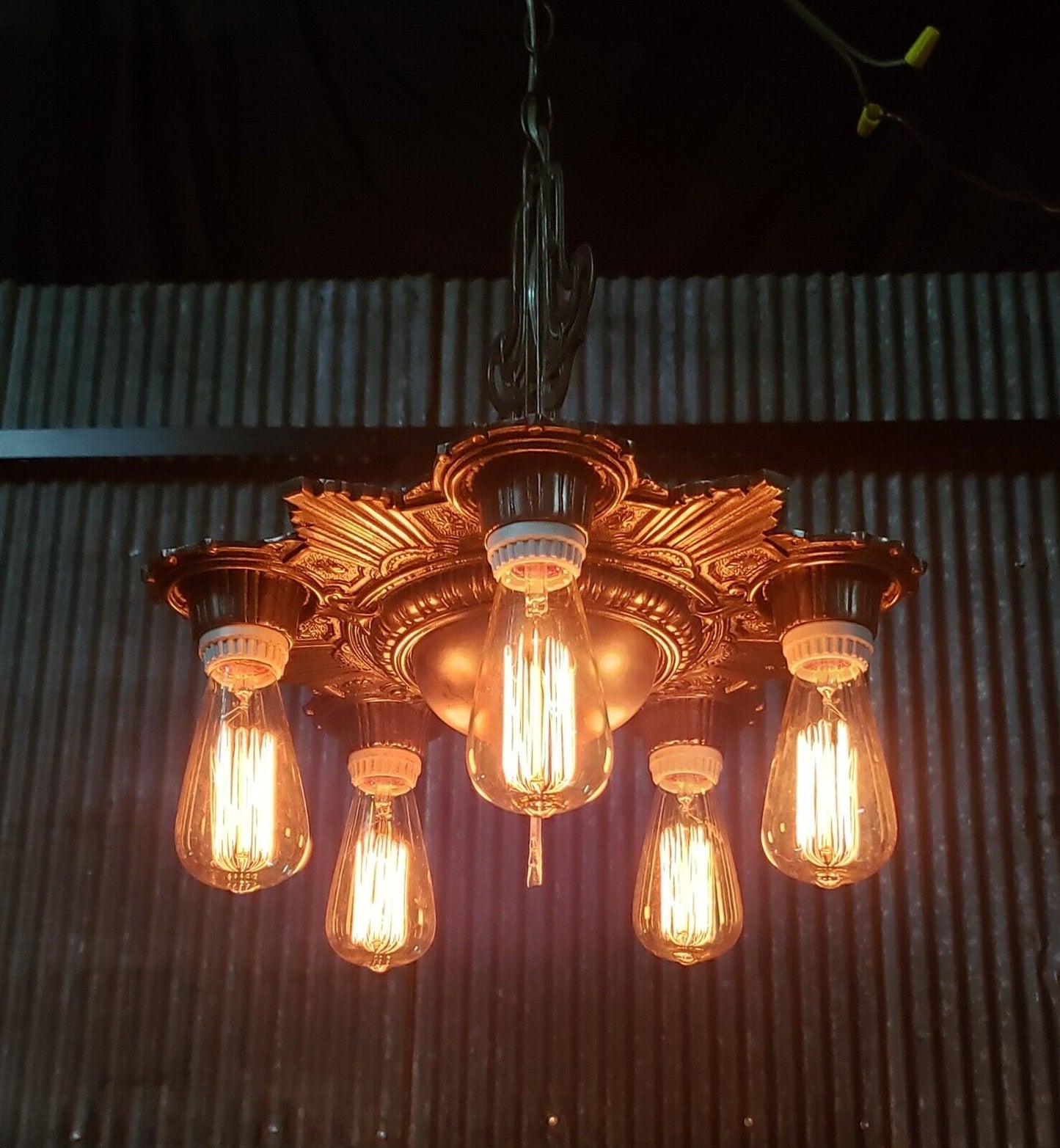 Completely Restored Art Deco 5 Light Cast Iron Black & Silver Chandelier #GA510