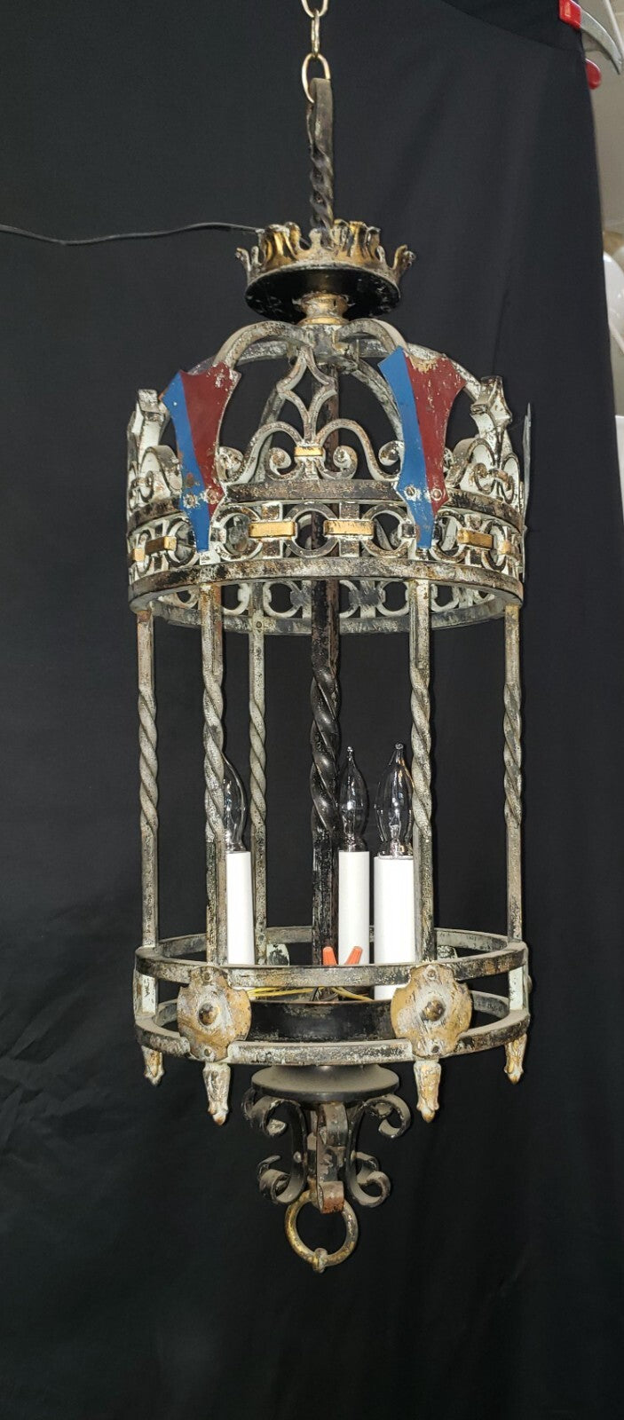 Restored Turn of the Century 3 Light Iron Ceiling Fixture 36" x 12" GS00388
