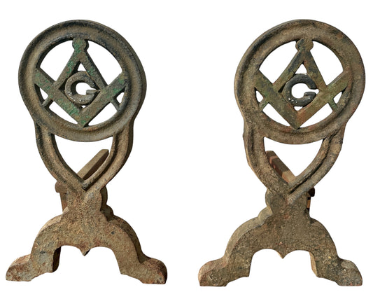 RARE Pair of Restored Masonic Cast Iron Andiron
