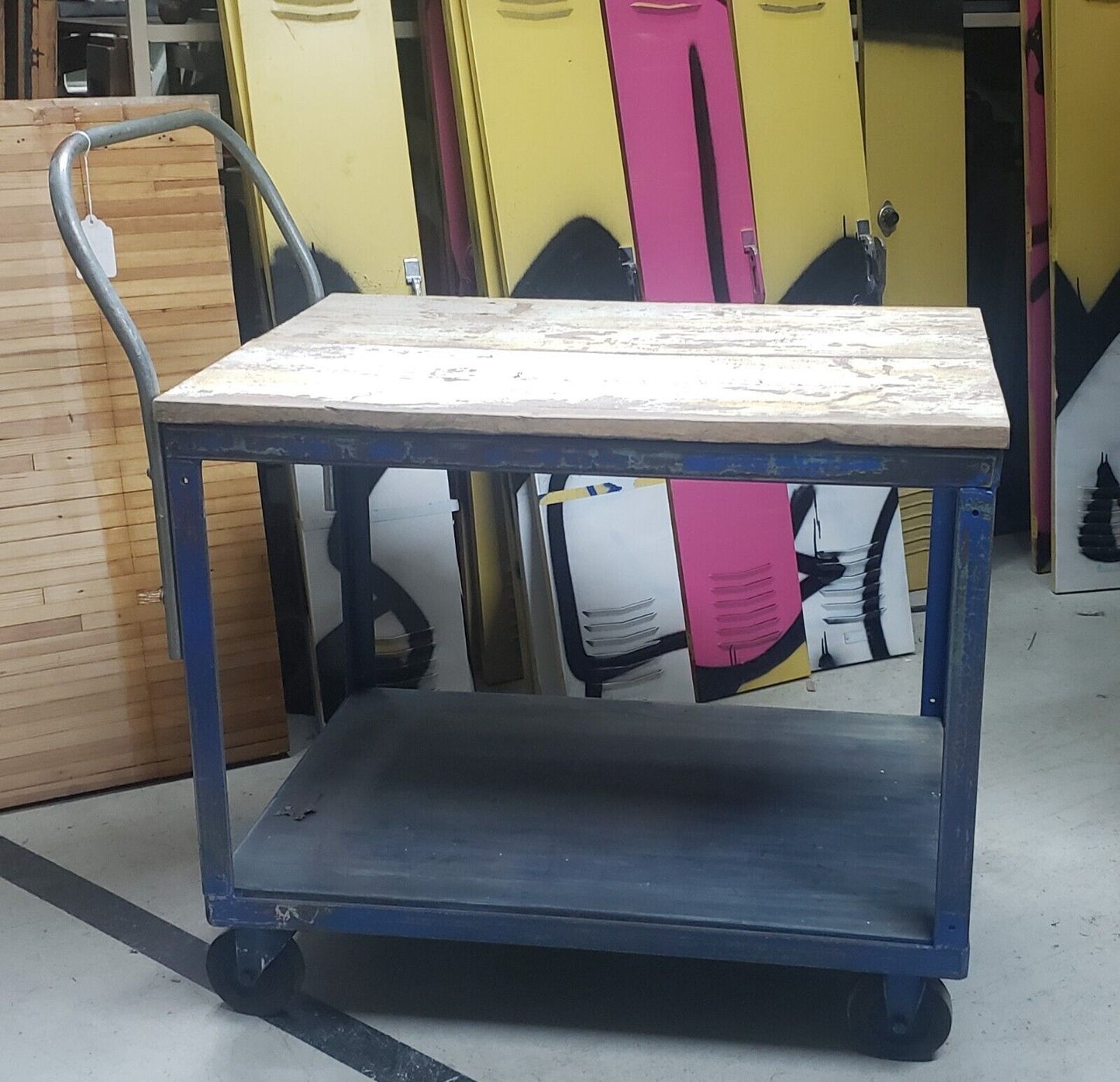 Reclaimed Two Level Steel Factory Cart with Barn Wood Top