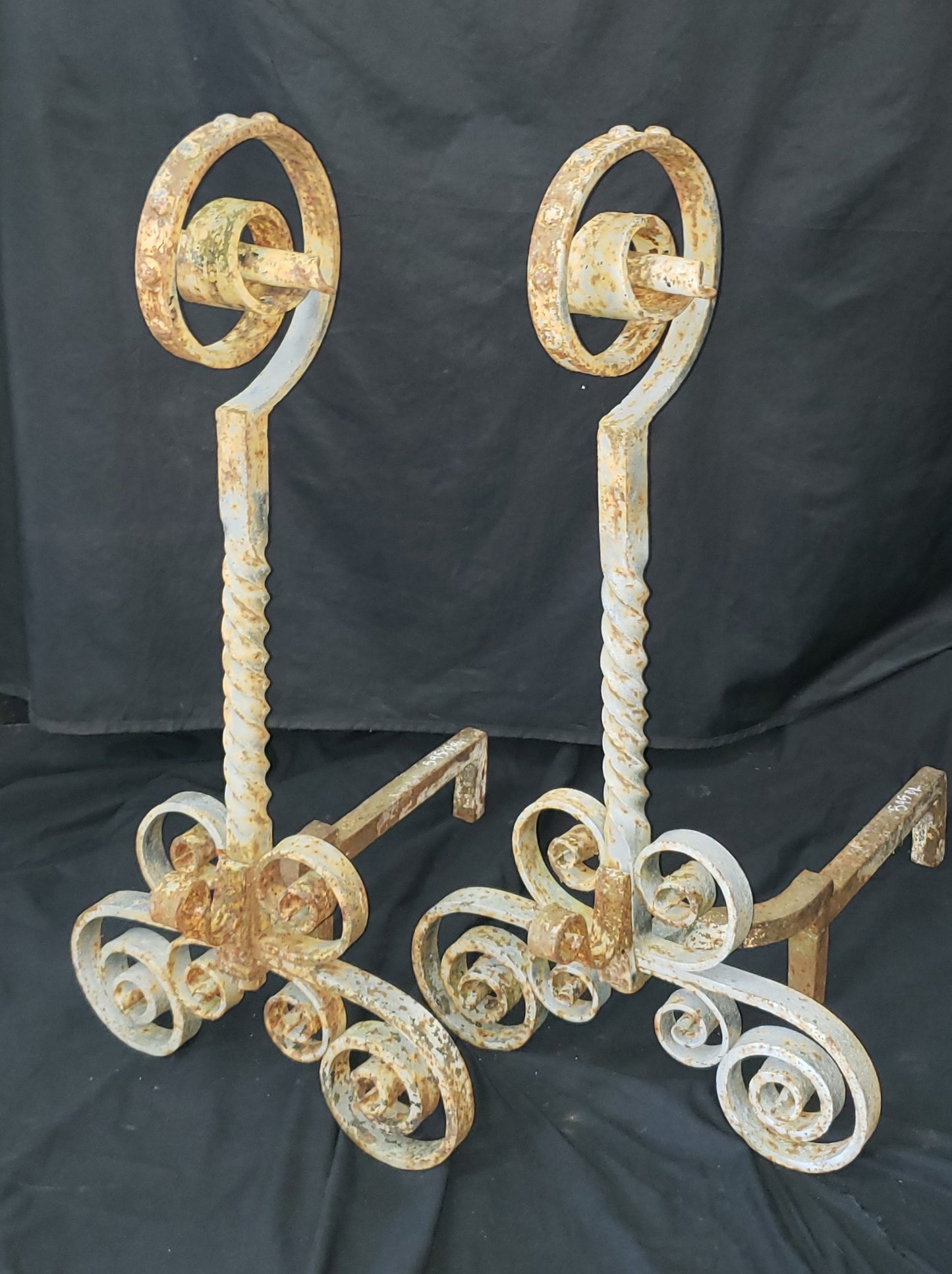 Vintage Pair of Ornate Wrought Iron Andirons 31" T x 25" D x 15 1/2" W GS00830