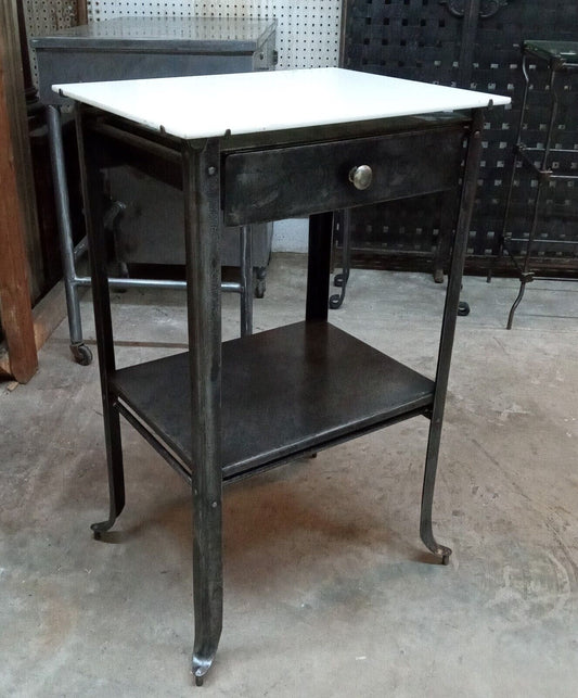 1920's Steel Medical Cabinet with White Vitrolite Glass Top on Wheels GA9361