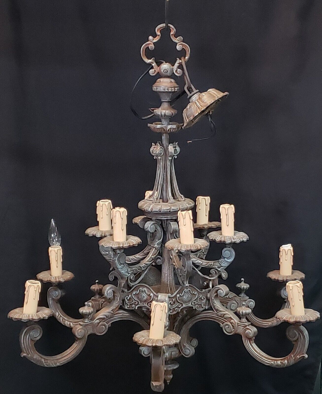 Ornate Gothic Cast Iron Two Tier 12 Light Chandelier & Matching Ceiling Cap