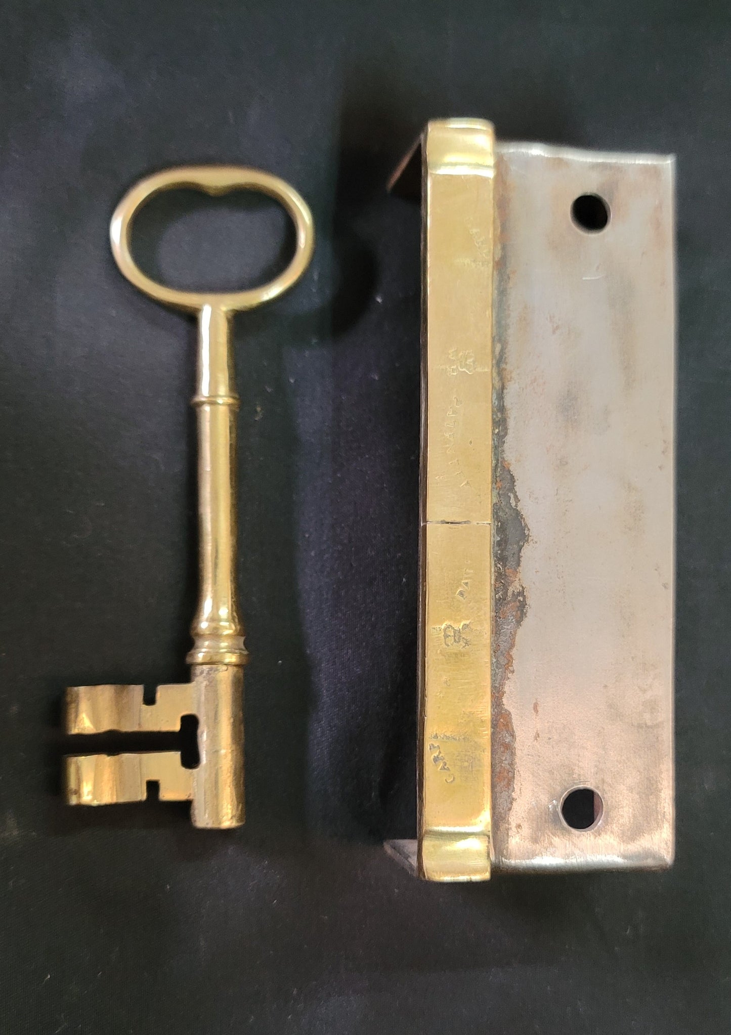 Restored Right Side Rim Lock Set w/ Keeper & Key 7 1/8" wide x 4 3/8" GS00989