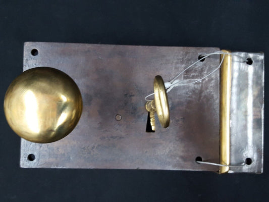 Authentic 1800s Cast Iron and Brass Metal Rim Carpenter Style Lock Set w/ Key