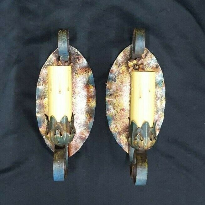 Pair of Architectural Salvage Art Deco Wrought Iron Multicolored Wall Sconces