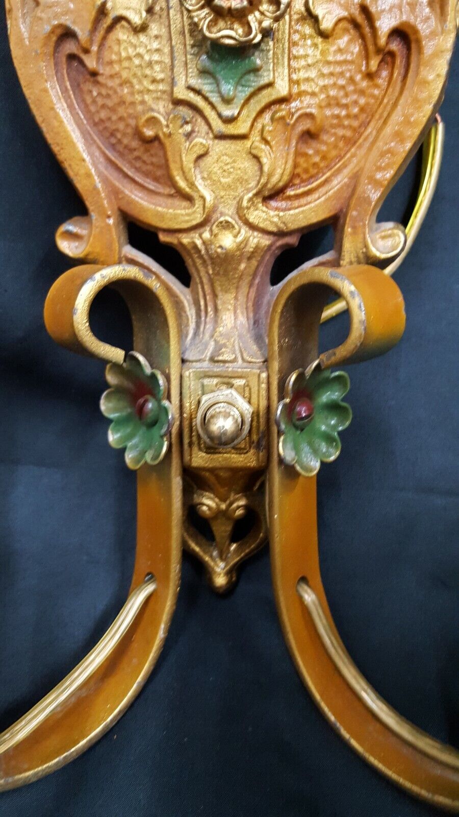 Pair of Ornate Multi Colored Art Deco Cast Iron & Wrought Iron Wall Sconces