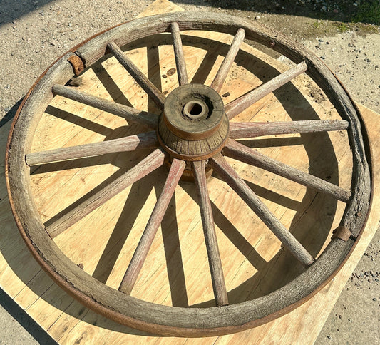 Antique Rustic Wooden Wagon Wheel w/ Forged Iron Rim GA20956