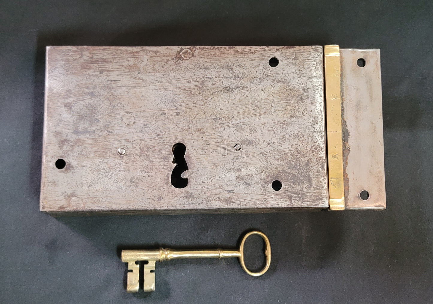 Restored Right Side Rim Lock Set w/ Keeper & Key 7 1/8" wide x 4 3/8" GS00989