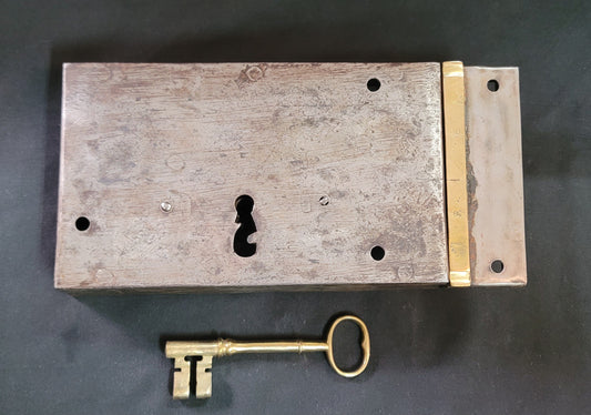 Restored Right Side Rim Lock Set w/ Keeper & Key 7 1/8" wide x 4 3/8" GS00989