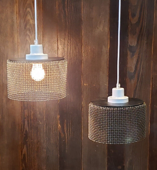 Repurposed Woven Steel Industrial Pendant Lights with Ceiling Caps