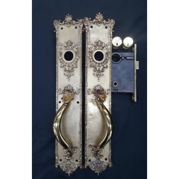 Pair of Large Solid Brass Art Nouveau Door Pull Plates With Mortise Lock and Deadbolts #GA1091