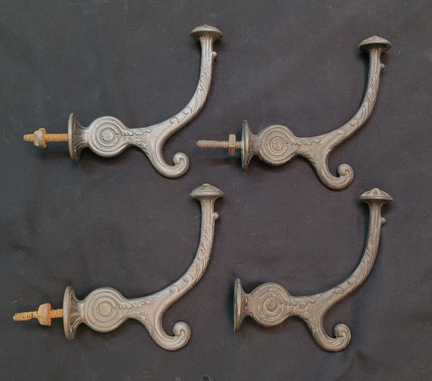 Set of 4 Cast Iron Art Deco Hall Tree Hooks w/ Bullseyes 4 1/2" x 4 3/4" GS00622