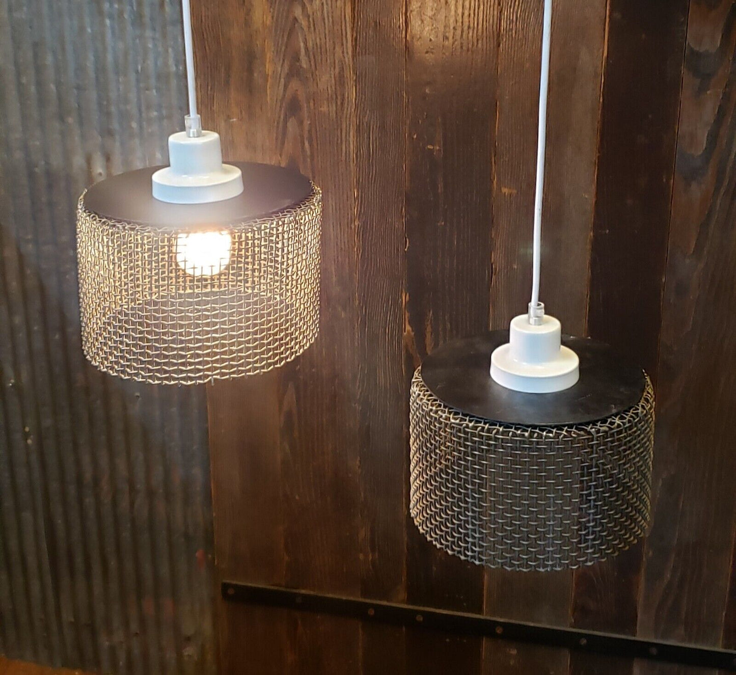 Repurposed Woven Steel Industrial Pendant Lights with Ceiling Caps