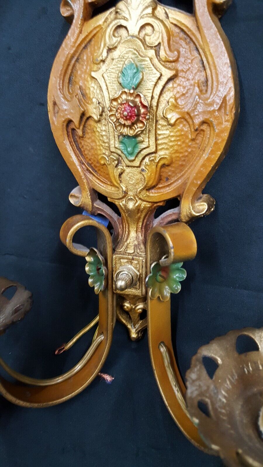 Pair of Ornate Multi Colored Art Deco Cast Iron & Wrought Iron Wall Sconces