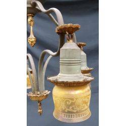 Rare 1920's Wrought Iron 4 Light With Amber Iridescent Shades Chandelier #GA69