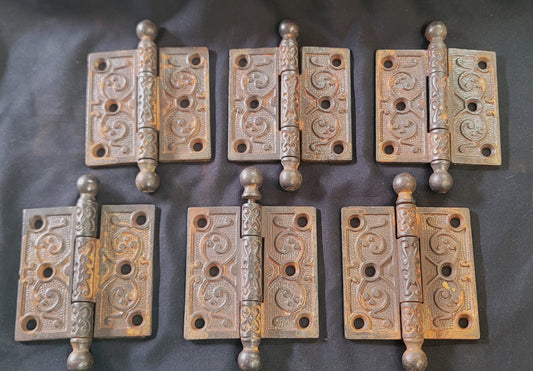 Set of 6 Victorian Cast Iron Ball Pin 3" x 3" Door Hinges GS01040