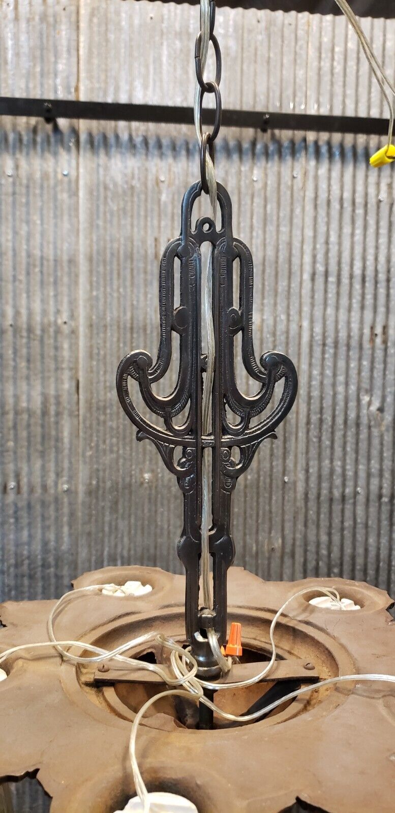 Completely Restored Art Deco 5 Light Cast Iron Black & Silver Chandelier #GA510
