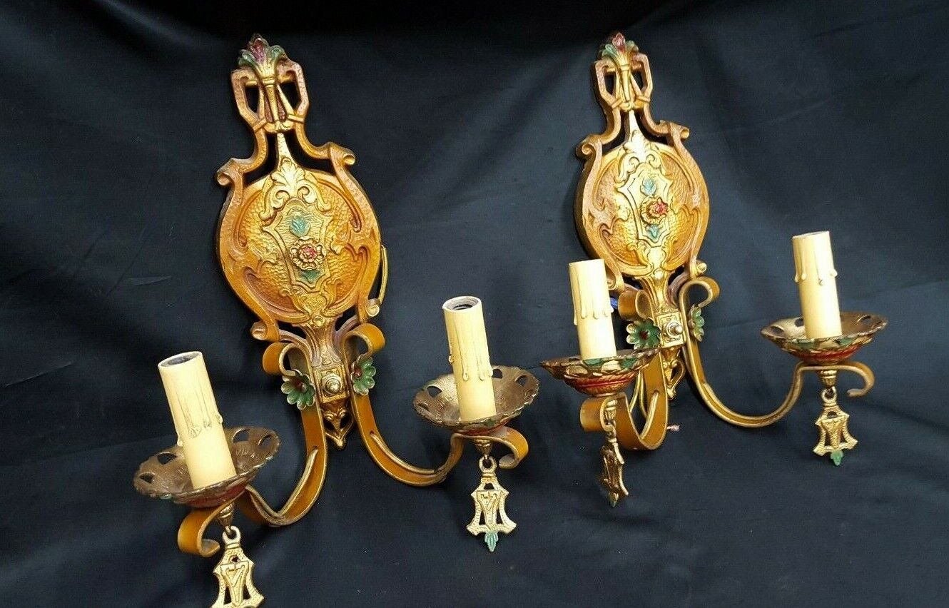 Pair of Ornate Multi Colored Art Deco Cast Iron & Wrought Iron Wall Sconces