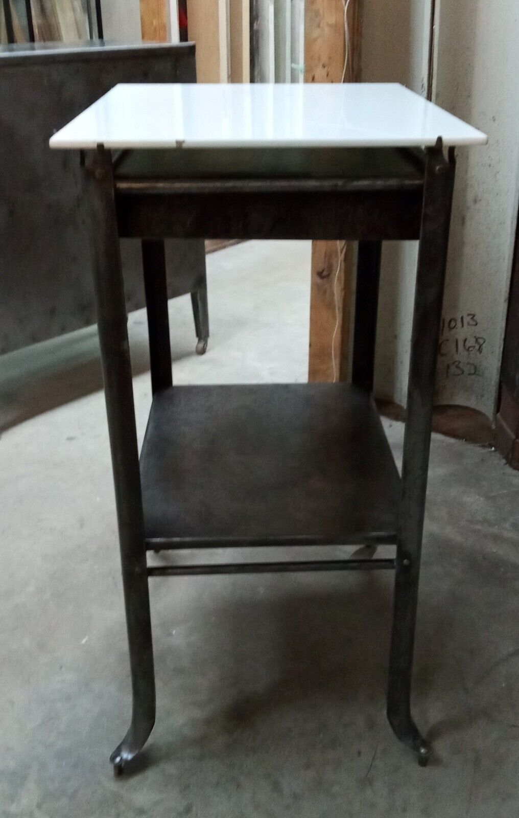 1920's Steel Medical Cabinet with White Vitrolite Glass Top on Wheels GA9361