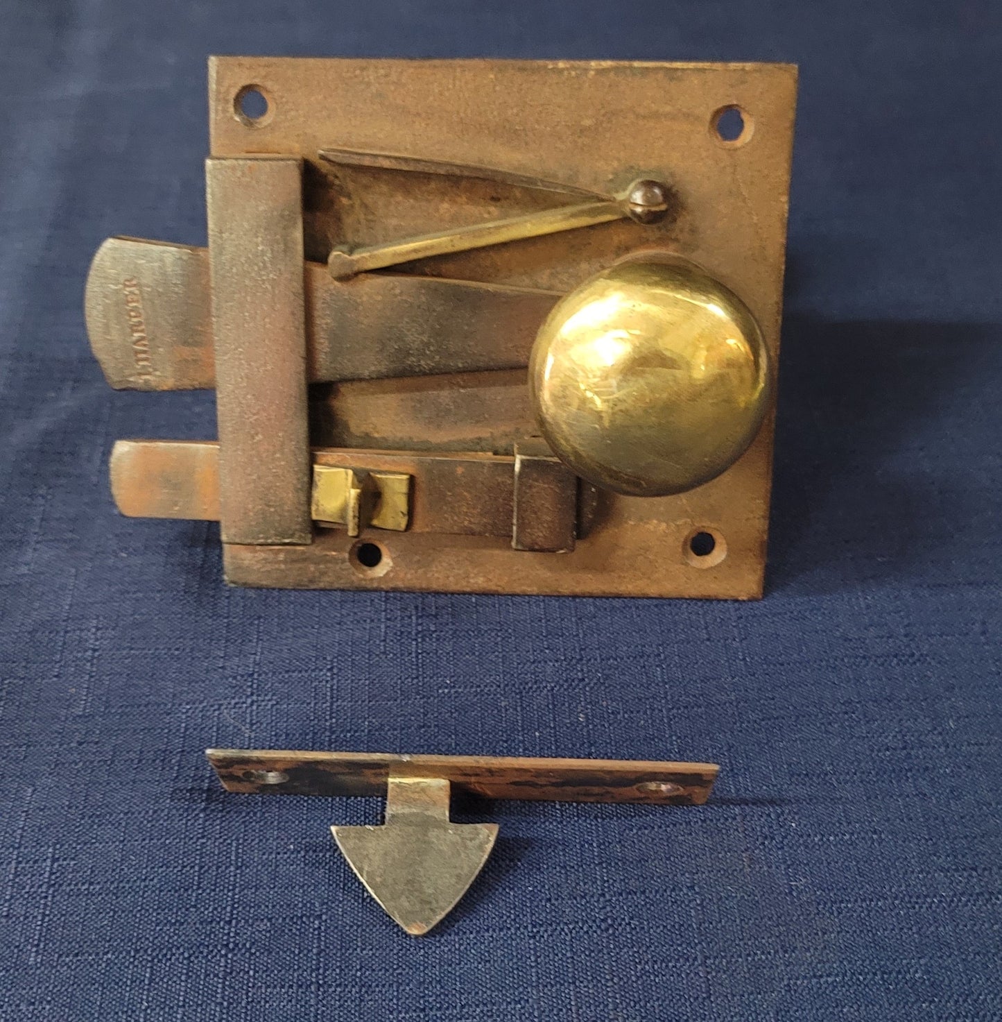 Vintage Harper Iron & Brass Lever Rim Lock & Knobs 4" x 3 3/4" GS00743