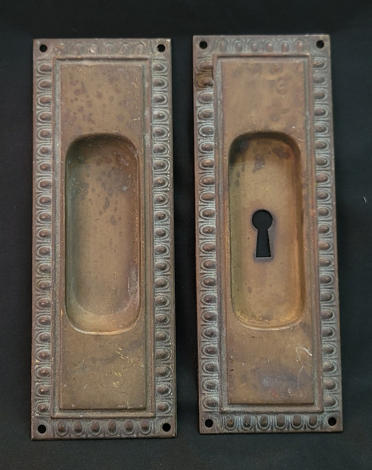 Pair of Brass Egg & Dart Pocket Door Escutcheon Plates 6 1/2" x 2 3/8" GS01048