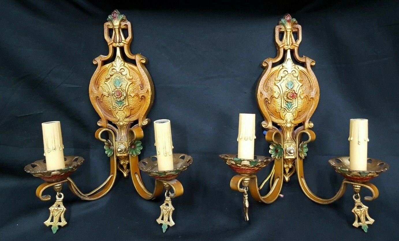 Pair of Ornate Multi Colored Art Deco Cast Iron & Wrought Iron Wall Sconces